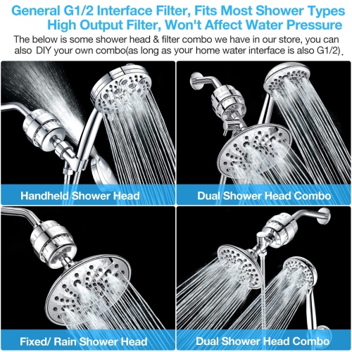 Shower Filter w/ 2 Cartridge, Shower Head Filter 15 Stage, Reduce Well Hard Water Chlorine Heavy Metal & Impurity, Improve Skin Hair, Fit Universal