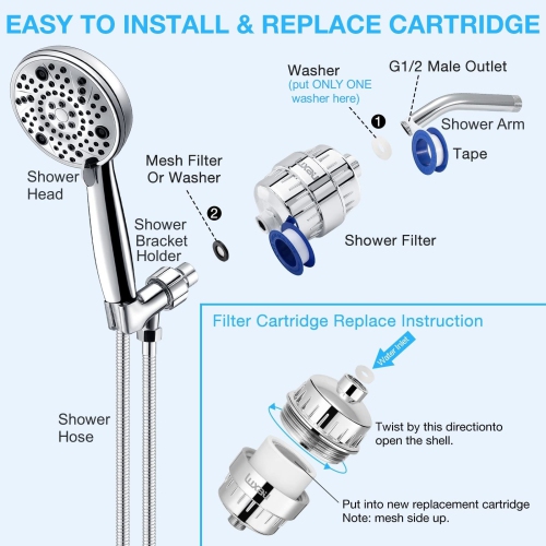 Shower Filter w/ 2 Cartridge, Shower Head Filter 15 Stage, Reduce Well Hard Water Chlorine Heavy Metal & Impurity, Improve Skin Hair, Fit Universal