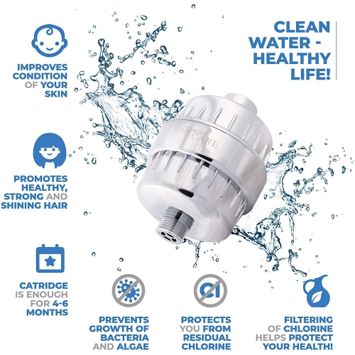 15-Stage Shower Filter - Shower Head Filter - Chlorine Filter - Hard Water Filter - Water Softener - Showerhead Filter with Replaceable Cartridge -