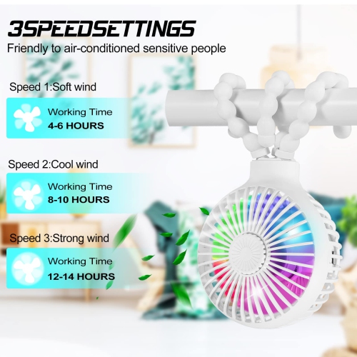 Stroller Fan Upgraded Portable Fan Versatile Fan Personal Desk Fan USB Rechargeable Fan with LED Light and Aromatherapy Flexible Tripod Design