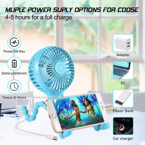 Stroller Fan Upgraded Portable Fan Versatile Fan Personal Desk Fan USB Rechargeable Fan with LED Light and Aromatherapy Flexible Tripod Design