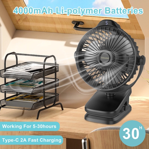 Portable Desk Fan, Stroller Fan for Baby Clip on Fan Rechargeable Mini Fan 4000mAh(5-24H) Battery Operated for Camping Car Bedroom Indoor Outdoor