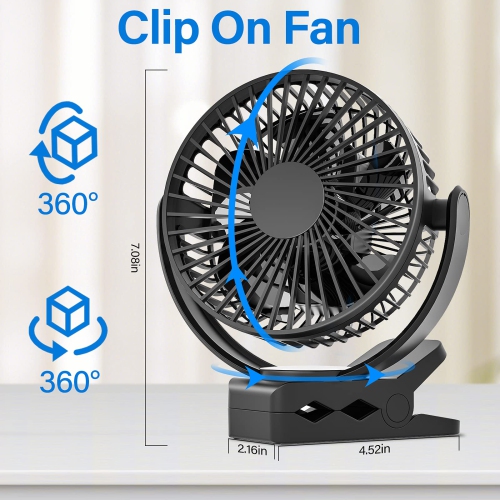USB Portable Fan, 5000mAh Charging Portable Battery Clip on Fans, 6Inch Quiet USB Personal Desk Fan, 3 Speeds, 720° angle adjustment, Small Stroller