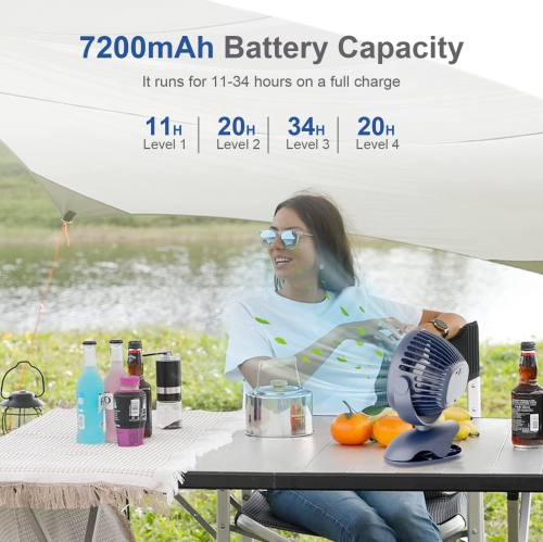 Portable Clip On Fan Battery Operated, 7200mAh Small USB Desk Fan, 4 Speed Quiet Rechargeable Clip Fan, 360° Rotate Personal Cooling Fan for Home