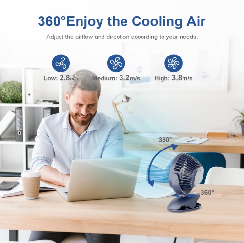 Portable Clip On Fan Battery Operated, 7200mAh Small USB Desk Fan, 4 Speed Quiet Rechargeable Clip Fan, 360° Rotate Personal Cooling Fan for Home