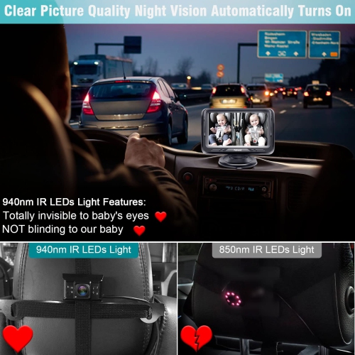Baby Car Camera with Display HD 1080P Baby Car Mirror 5 Mins Easy Installation Crystal Night Vision Infant Travel Safety Kit N06
