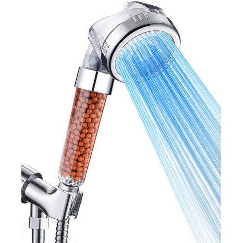 Pomme de douche à DEL à changement de couleur, filtre filtration, jet d'eau, pomme de douche à main avec tuyau et base pour peau sèche et cheveux ave
