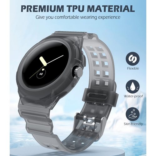 Band Compatible with Google Pixel Watch, Shockproof TPU Watch Bands with Bumper Case Women Men, Soft Silicone Sport Strap, Replacement Watch Straps