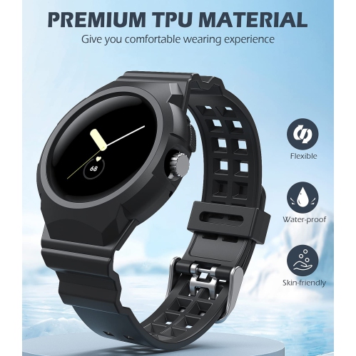 Band Compatible with Google Pixel Watch, Shockproof TPU Watch Bands with Bumper Case Women Men, Soft Silicone Sport Strap, Replacement Watch Straps