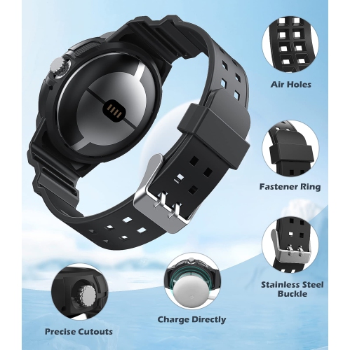 Band Compatible with Google Pixel Watch, Shockproof TPU Watch Bands with Bumper Case Women Men, Soft Silicone Sport Strap, Replacement Watch Straps