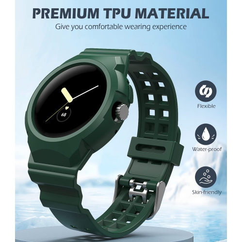 Band Compatible with Google Pixel Watch, Shockproof TPU Watch Bands with Bumper Case Women Men, Soft Silicone Sport Strap, Replacement Watch Straps