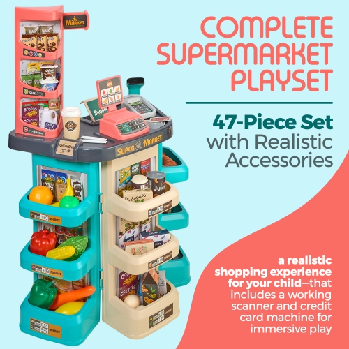 MEDca Kids Play Supermarket Set with Scanner - Pretend Play Grocery Shop Set - 47 Piece Complete Playset with Cash Register Credit Card Machine