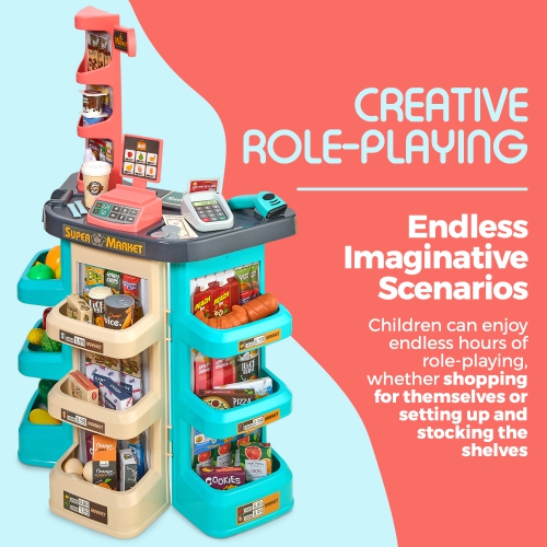 MEDca Kids Play Supermarket Set with Scanner - Pretend Play Grocery Shop Set - 47 Piece Complete Playset with Cash Register Credit Card Machine