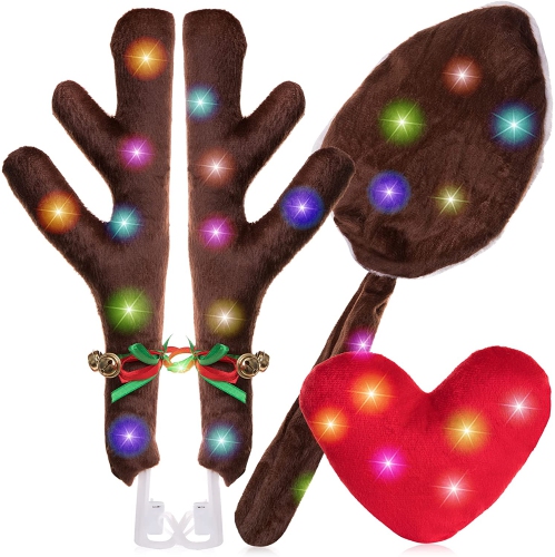 Zone tech Christmas Car Reindeer Antlers Kit Reindeers Antlers, Heart Nose and Tail with LED Lights and Bells-Brown