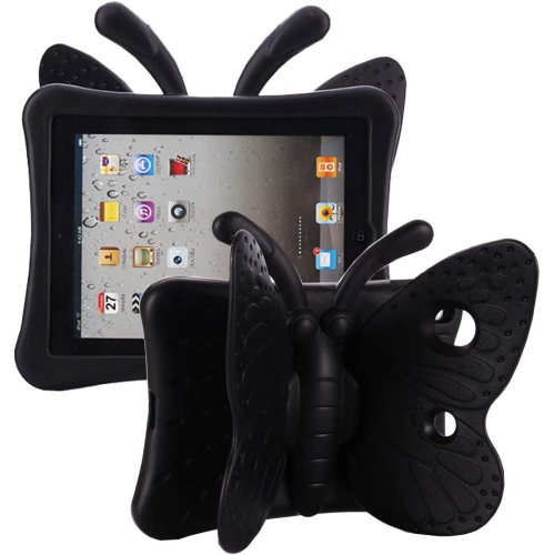 CSMART  Silicone Butterfly Child Kids Protective Stand Case Kickstand Cover for Ipad 5Th 6Th Gen, Air 1 2 1St 2Nd Gen / Pro 9.7" In Black