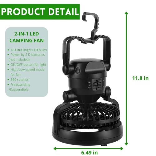 Portable 2 in 1 LED Camping Lantern with Ceiling Fan, 2-in-1 18 LED Hanging Tent Light and Air Flow Fan - Emergency Kit for Outdoor Activities,