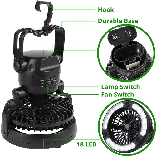 Portable 2 in 1 LED Camping Lantern with Ceiling Fan, 2-in-1 18 LED Hanging Tent Light and Air Flow Fan - Emergency Kit for Outdoor Activities,