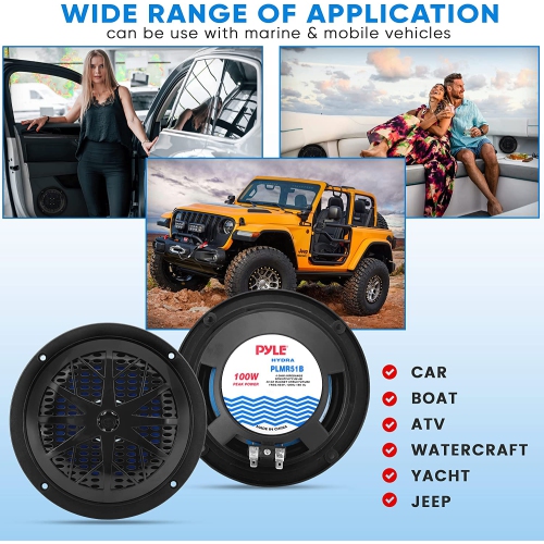 Pyle 5.25 Inch Dual Marine Speakers - 2 Way Waterproof and Weather Resistant Outdoor Audio Stereo Sound System with 100 Watt Power, Polypropylene