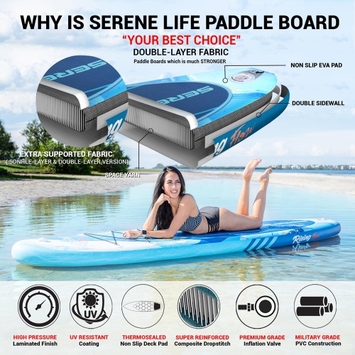 SereneLife Inflatable Stand Up Paddle Board with Premium SUP Accessories & Carry Bag | Wide Stance, Bottom Fin for Paddling, Surf Control, Non-Slip