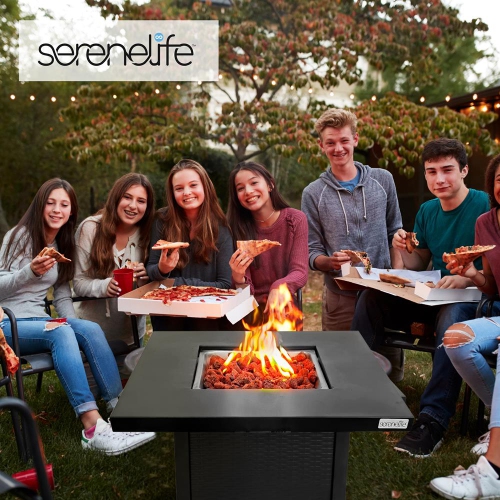 SereneLife Outdoor Pit CSA Approved Safe 40,000 BTU Pulse Ignition Propane Gas Fire Table Tabletop, Rattan-Look Steel Panel, 6.6 Lbs Decorative Lave