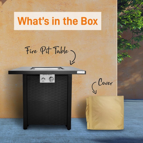 SereneLife Outdoor Pit CSA Approved Safe 40,000 BTU Pulse Ignition Propane Gas Fire Table Tabletop, Rattan-Look Steel Panel, 6.6 Lbs Decorative Lave