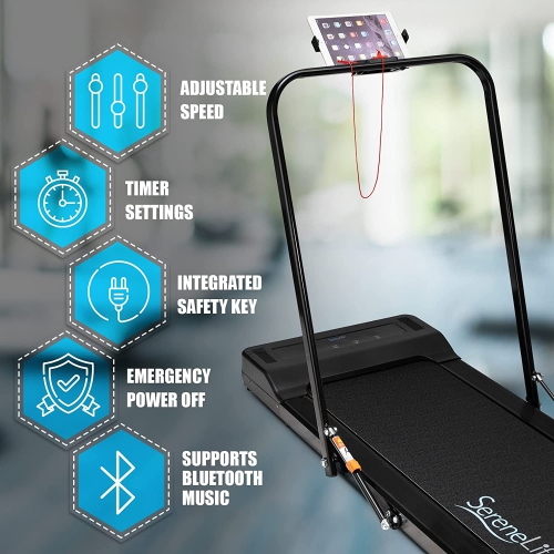 SereneLife Folding Treadmill Exercise Running Machine - Electric Running Exercise Equipment w/ 16 Pre-Set Program, Manual Incline, Bluetooth Music