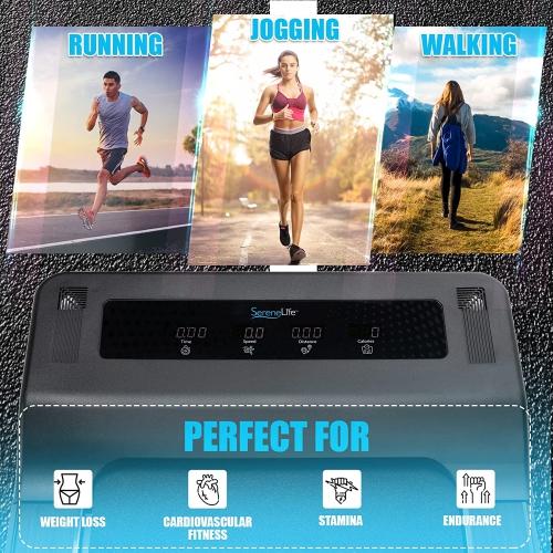 SereneLife Folding Treadmill Exercise Running Machine - Electric Running Exercise Equipment w/ 16 Pre-Set Program, Manual Incline, Bluetooth Music