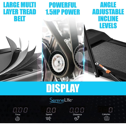 SereneLife Folding Treadmill Exercise Running Machine - Electric Running Exercise Equipment w/ 16 Pre-Set Program, Manual Incline, Bluetooth Music