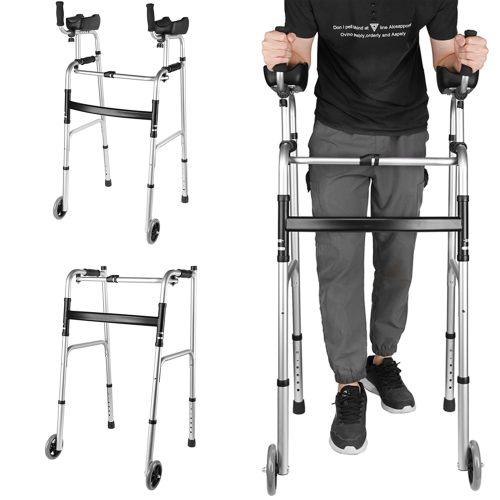 LIVINGBASICS Folding Walking Frame Adjustable Walkers And Rollators With 5-Inch Wheels, Walking Mobility Aid With Removable Armrest And Adjustable Arm Rest