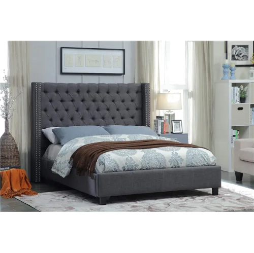 Grey Fabric Wing Bed with Deep Button Tufting and Nailhead Details - King