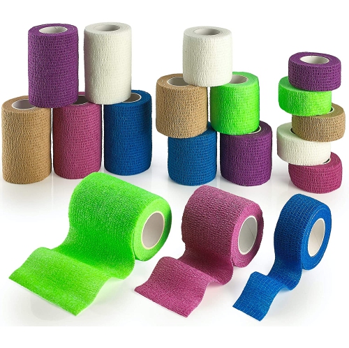 MEDca Self Adhesive Non Woven Cohesive Bandage Combo Pack 1 Inch 2 Inch and 3 inch X 5 Yards 6 of Each Size Total of 18 Rolls 'Rainbow Color"