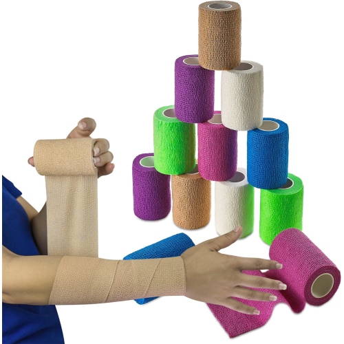 Self Adherent Wrap - Bulk Pack of 12, Athletic Tape Rolls and Sports Wraps, Self Cohesive Non-Woven Adhesive Bandage for Ankle Sprains & Swelling