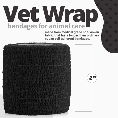 Vet Wrap - Self Adherent Wrap Cohesive Compression Bandage and Medical Gauze Bandage Roll Tape for Dogs, Cats, Horses, Black
