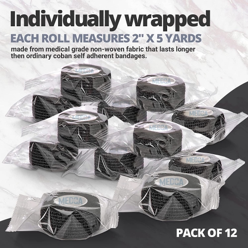 Self-Adherent Cohesive Bandage - Pack of 12 Rolls - 1" Wide x 5 Yards - Athletic Sports Tape for Medical Use, Sports, First Aid and Helps Protect