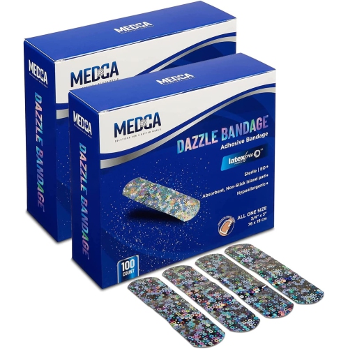 Glitter Bandages for Kids -(200 Count Box) Adhesive Bandage Strips w/Colorful Glitter Design & Latex-Free Individually Wrapped Strips for First Aid,