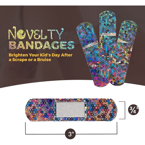 Glitter Bandages for Kids -(200 Count Box) Adhesive Bandage Strips w/Colorful Glitter Design & Latex-Free Individually Wrapped Strips for First Aid,