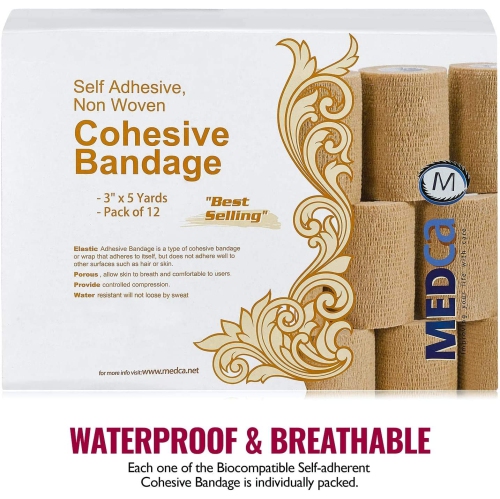 Self Adherent Wrap - Bulk Pack of 12, Athletic Tape Rolls and Sports Wraps, Self Cohesive Non-Woven Adhesive Bandage for Ankle Sprains & Swelling