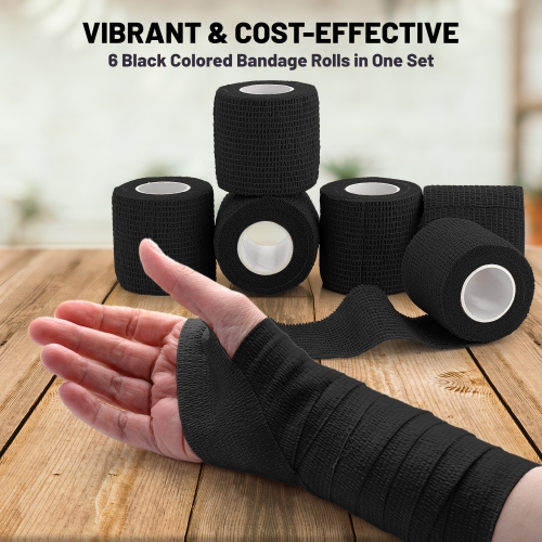 Self-Adherent Cohesive Bandage - Black Medical Wrap - 6 Rolls 2" Wide x 5 Yards Sports Tape for Medical Use, Sports, First Aid and Helps Protect Skin