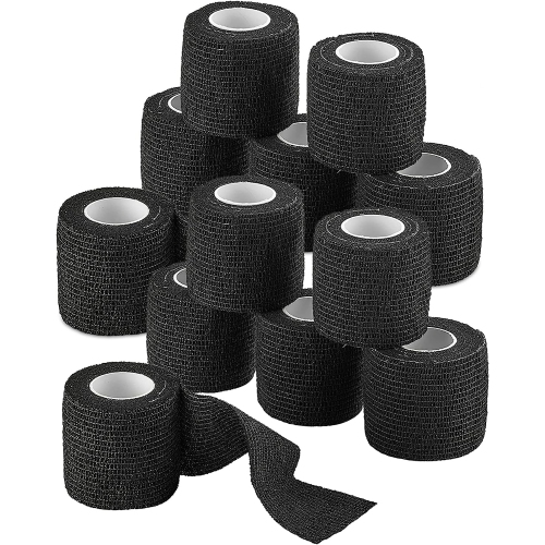 Self-Adherent Cohesive Bandage - 12 Pack Bulk | Black Self-Adhering Medical Wrap | 2" Wide x 5 Yards Athletic Sports Tape Sweat & Water Resistant, Fi