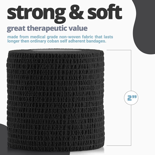 Self-Adherent Cohesive Bandage - 12 Pack Bulk | Black Self-Adhering Medical Wrap | 2" Wide x 5 Yards Athletic Sports Tape Sweat & Water Resistant,