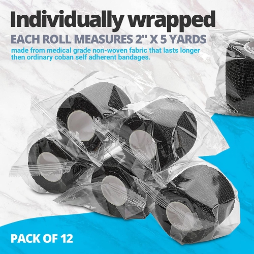 Self-Adherent Cohesive Bandage - 12 Pack Bulk | Black Self-Adhering Medical Wrap | 2" Wide x 5 Yards Athletic Sports Tape Sweat & Water Resistant,