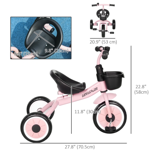 Tricycle Qaba pour jeunes filles et garçons de 2-5 ans, vélo pour tout-petits avec siège réglable, panier, cloche, rose