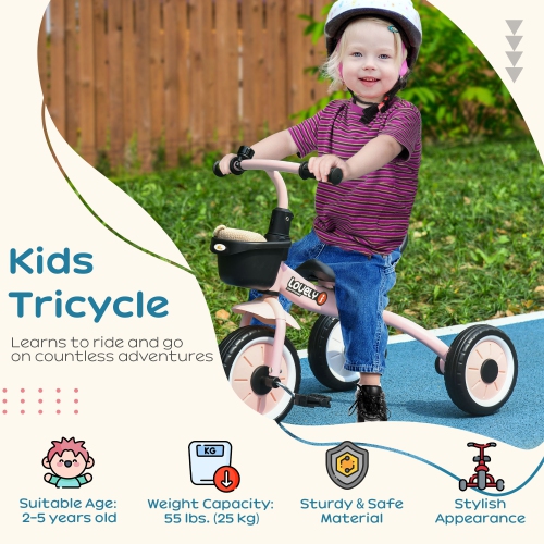Tricycle Qaba pour jeunes filles et garçons de 2-5 ans, vélo pour tout-petits avec siège réglable, panier, cloche, rose