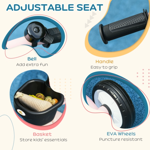 Tricycle Qaba pour jeunes filles et garçons de 2-5 ans, vélo pour tout-petits avec siège réglable, panier, cloche, rose