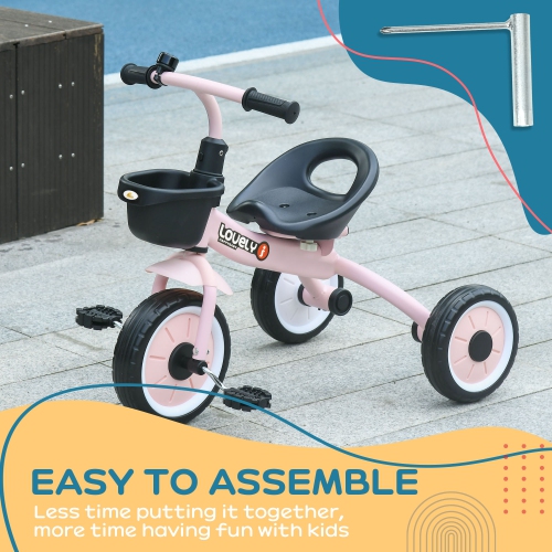 Tricycle Qaba pour jeunes filles et garçons de 2-5 ans, vélo pour tout-petits avec siège réglable, panier, cloche, rose