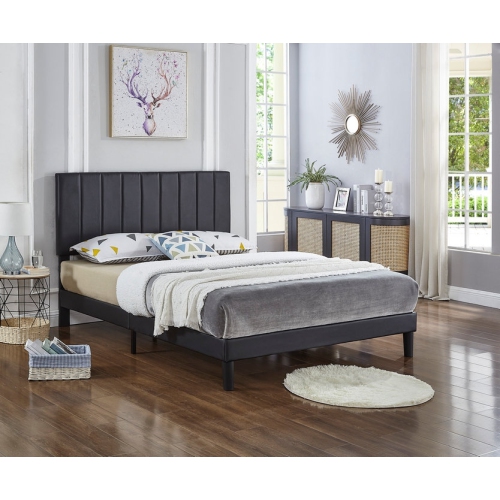 Black PU Leather Bed w Adjustable Headboard w Vertical Tufting - King