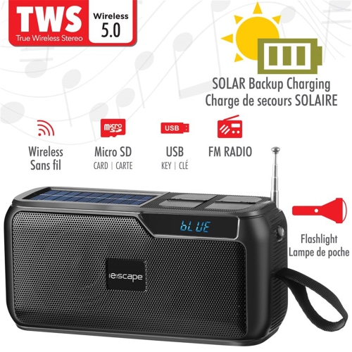Escape - Solar Powered Rechargeable Bluetooth Speaker with FM Radio and Flashlight, Black