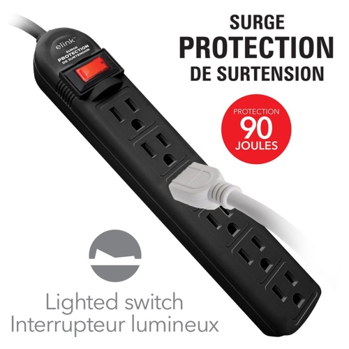 Elink - 6 Outlet Surge Protector, 90 Joules Protection, 2ft Cord, Black