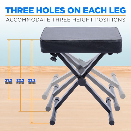 Pyle Adjustable Padded Keyboard X Bench with Three Holes on Each Leg, 4 Non-Slip Rubber Feet, Designed to Fit Users and Playing Styles