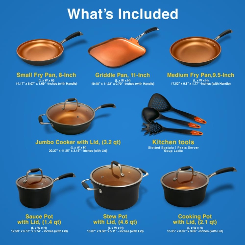 14-Piece Nonstick Kitchen Cookware Set - PFOA/PFOS-Free Heat Resistant Lacquer Kitchen Ware Pots Pan Set Copper/Hard-Anodized - Saucepot Pans Cooking
